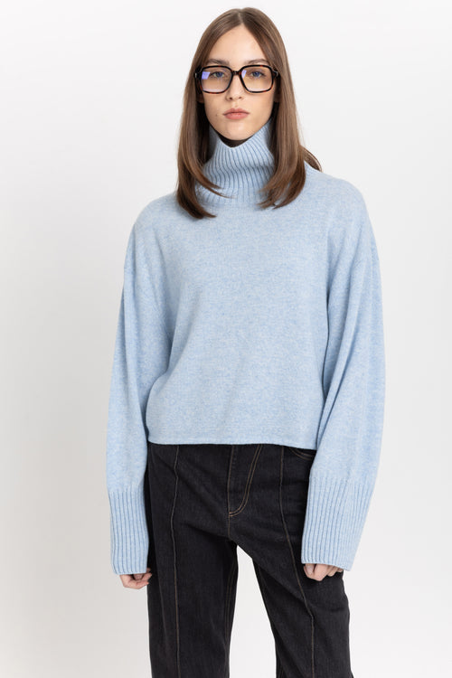 Denim blue cashmere boxy cropped turtleneck
