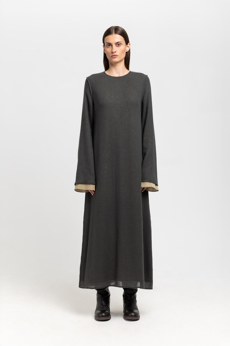 Dark grey cashmere mousseline bell sleeve midi dress