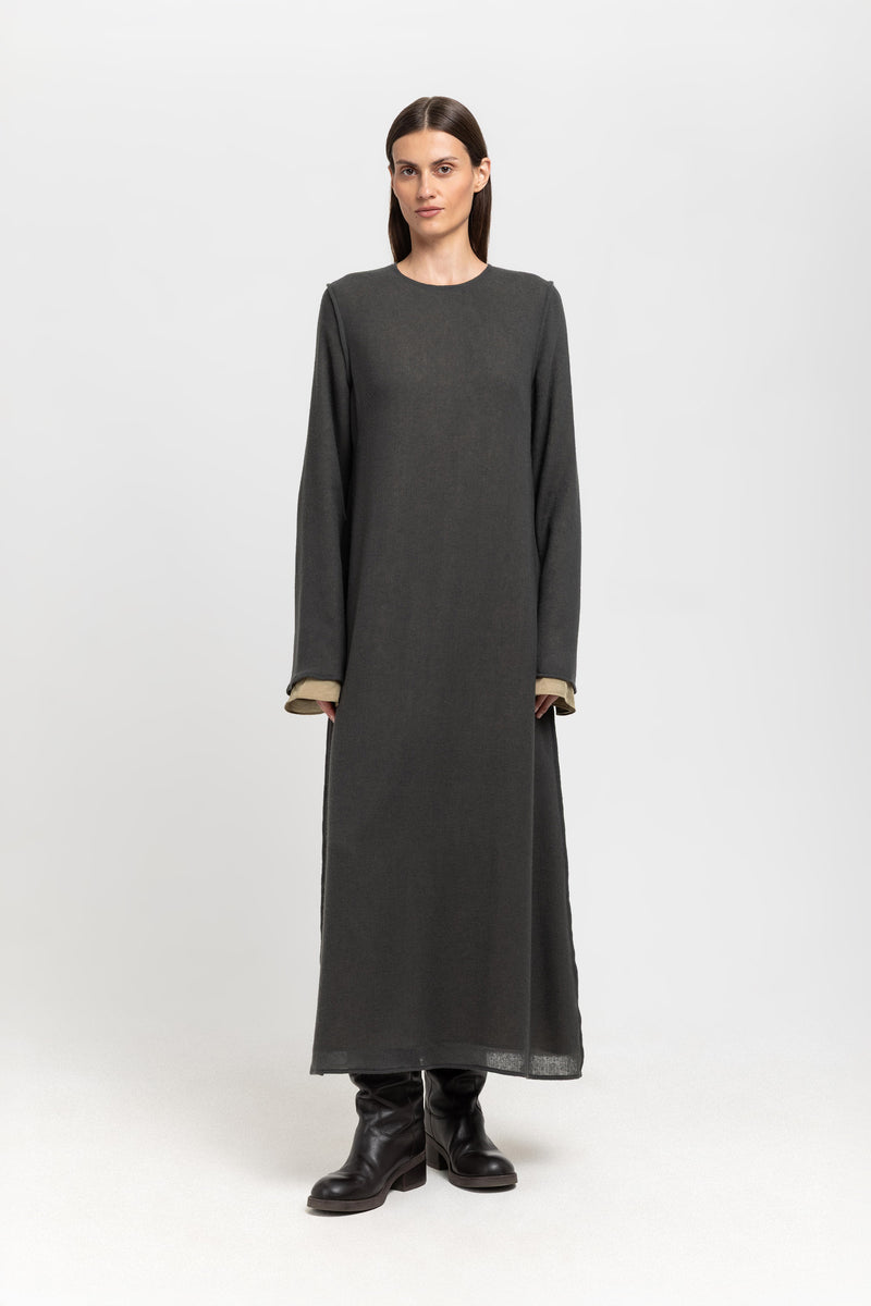 Dark grey cashmere mousseline bell sleeve midi dress
