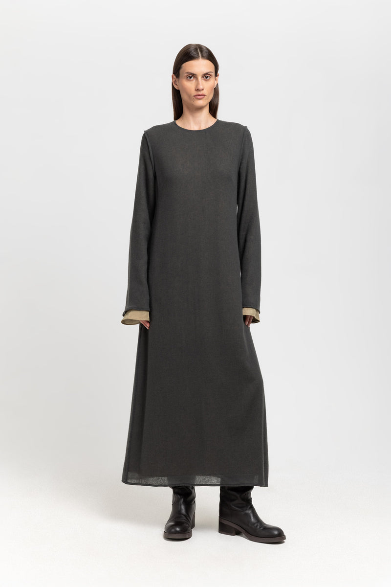 Dark grey cashmere mousseline bell sleeve midi dress
