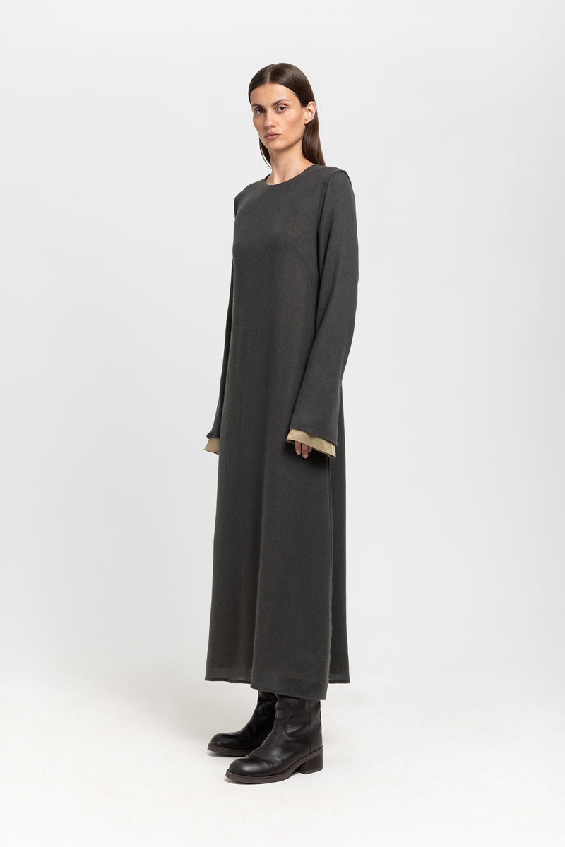 Dark grey cashmere mousseline bell sleeve midi dress