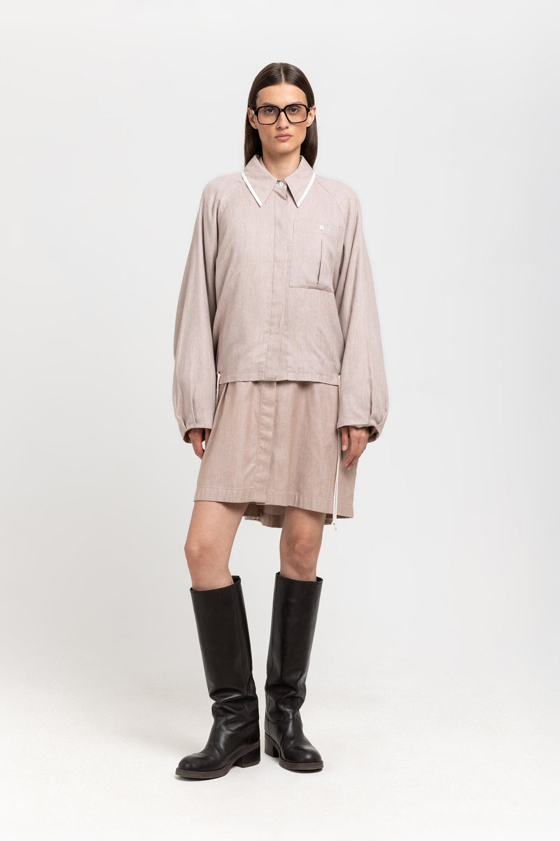 Beige cotton flannel overshirt with ties