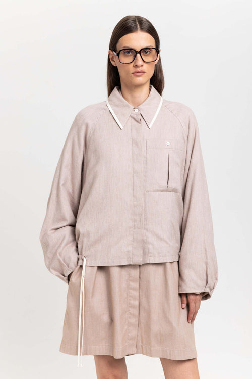 Beige cotton flannel overshirt with ties