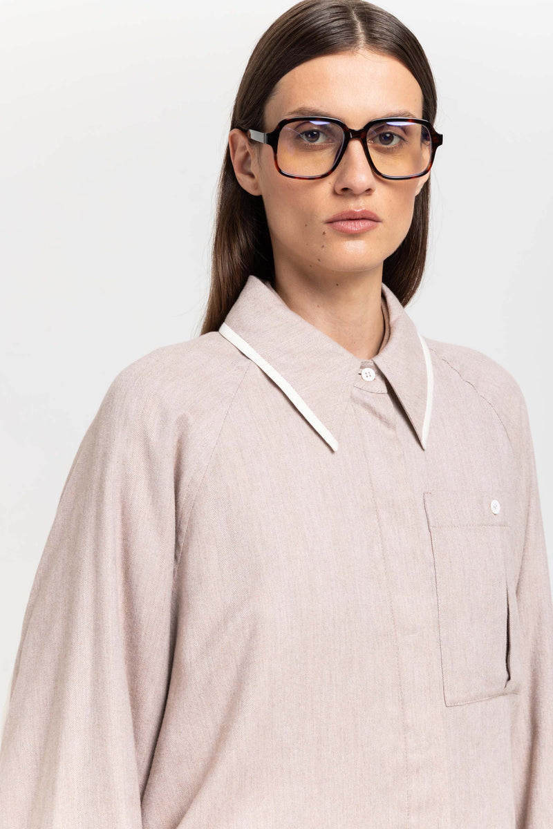Beige cotton flannel overshirt with ties