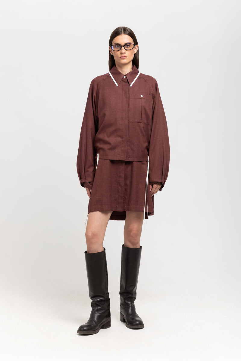 Burgundy cotton flannel overshirt with ties
