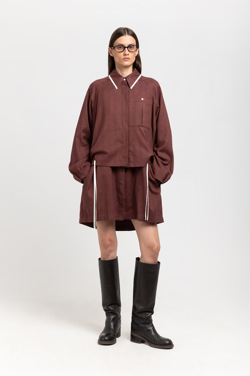 Burgundy cotton flannel overshirt with ties