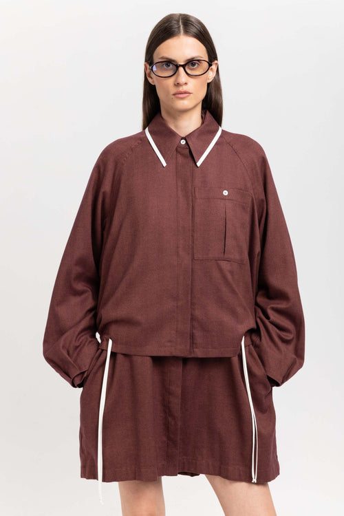 Burgundy cotton flannel overshirt with ties