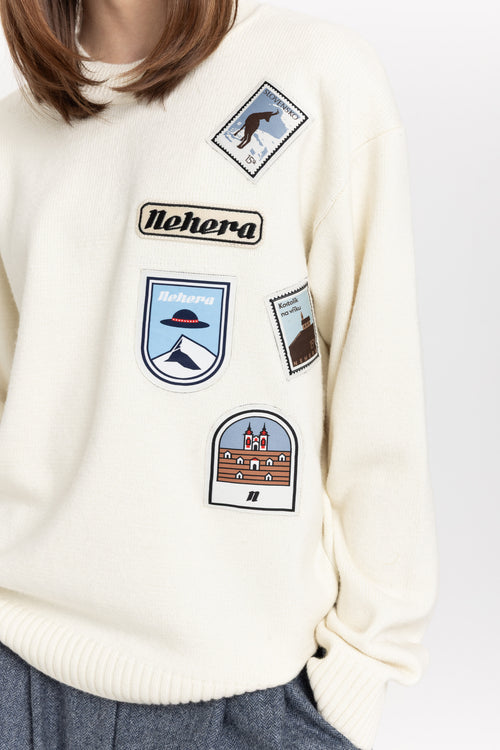 White unisex chunky merino blend multiple patch jumper