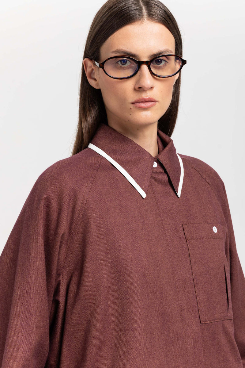 Burgundy cotton flannel overshirt with ties