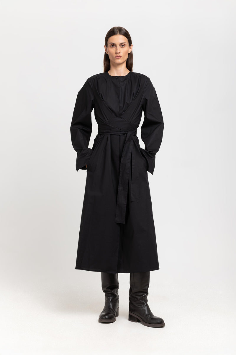 True black cotton poplin dress with tie detail