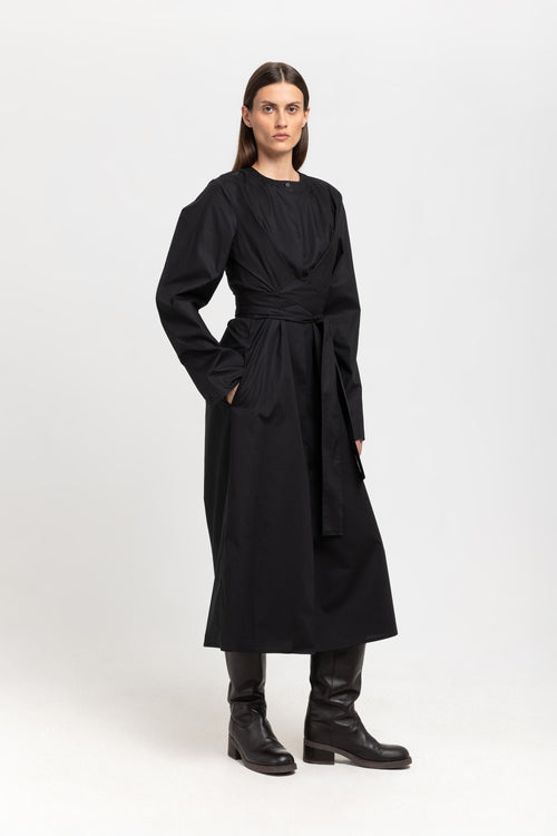 True black cotton poplin dress with tie detail