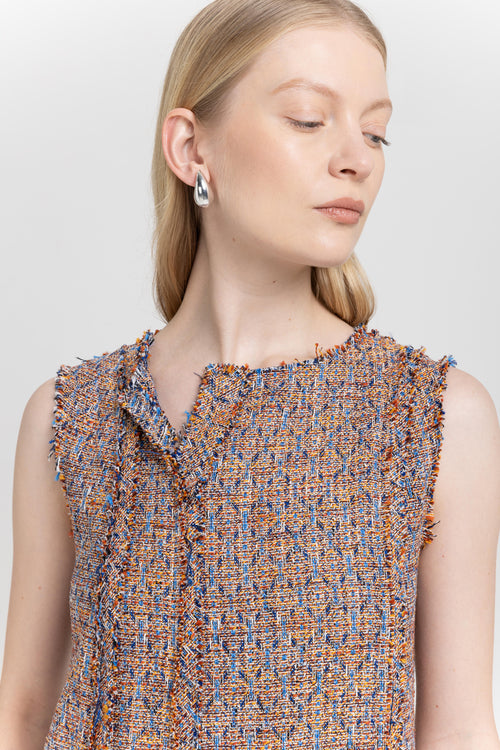 Orange tweed style edge raw edge paneled dress