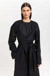 True black cotton poplin dress with tie detail