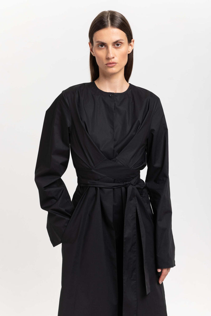 True black cotton poplin dress with tie detail