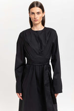 True black cotton poplin dress with tie detail