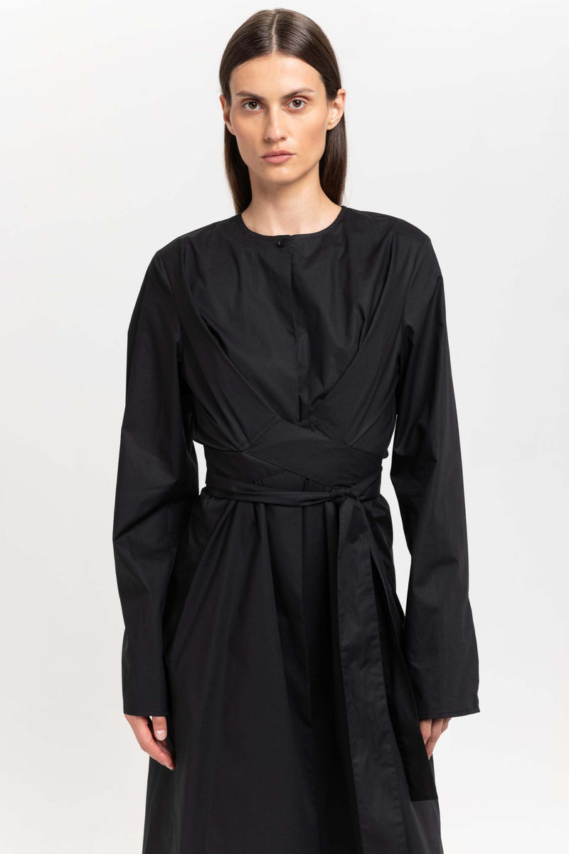 True black cotton poplin dress with tie detail