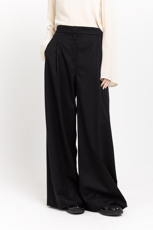 Deep black twill wool high waisted wide pants