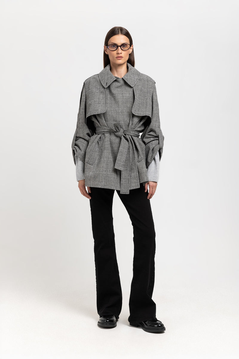 Black & white checkered wool short trench with belt