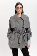 Black & white checkered wool short trench with belt