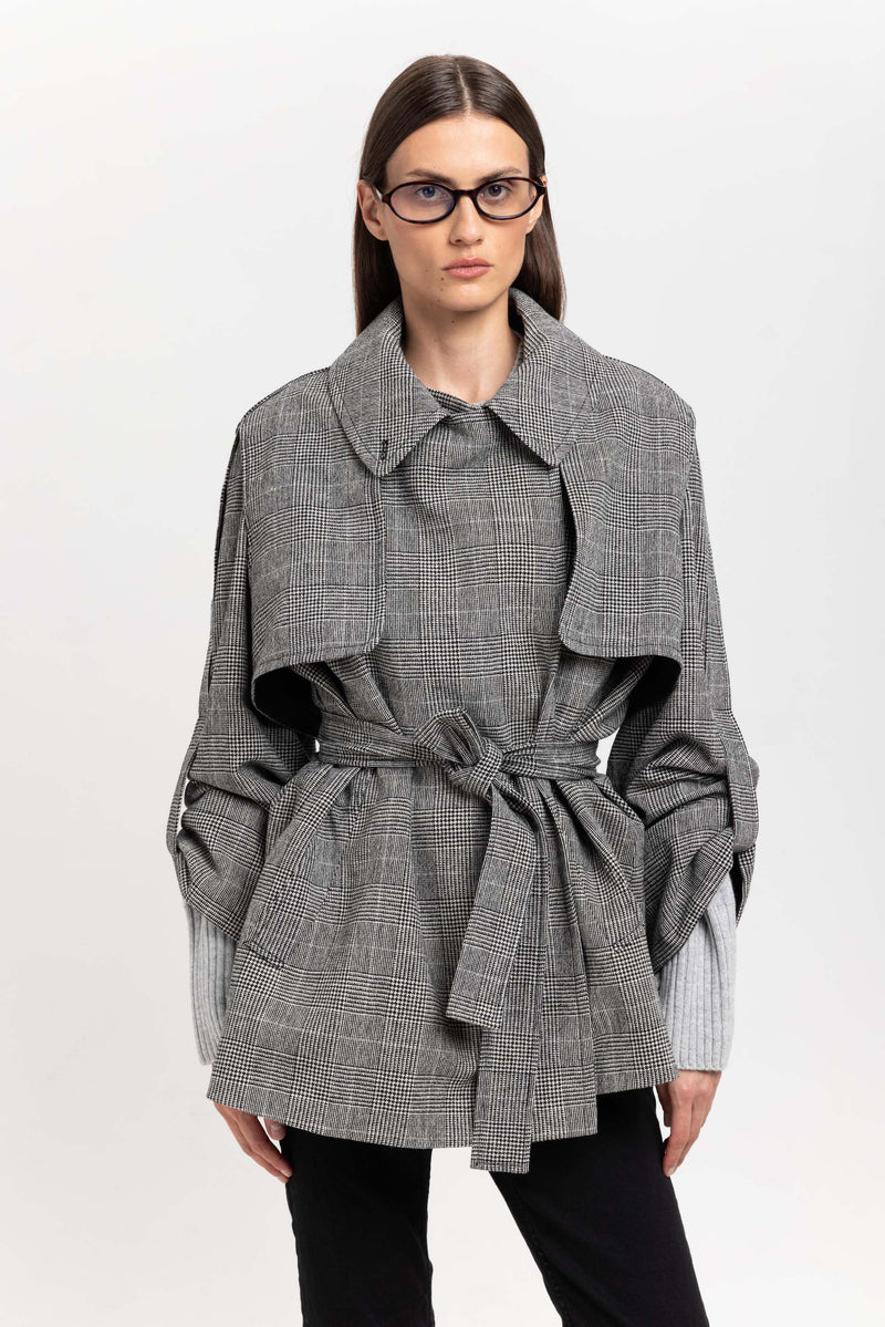 Black & white checkered wool short trench with belt