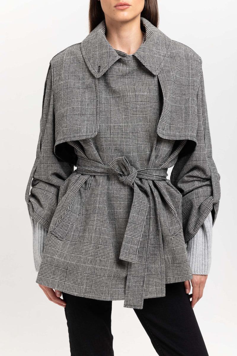 Black & white checkered wool short trench with belt