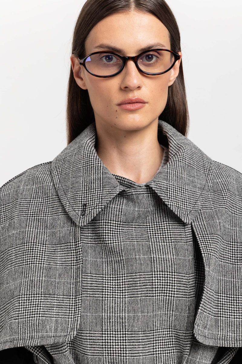 Black & white checkered wool short trench with belt