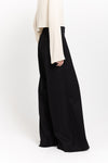 Deep black twill wool high waisted wide pants
