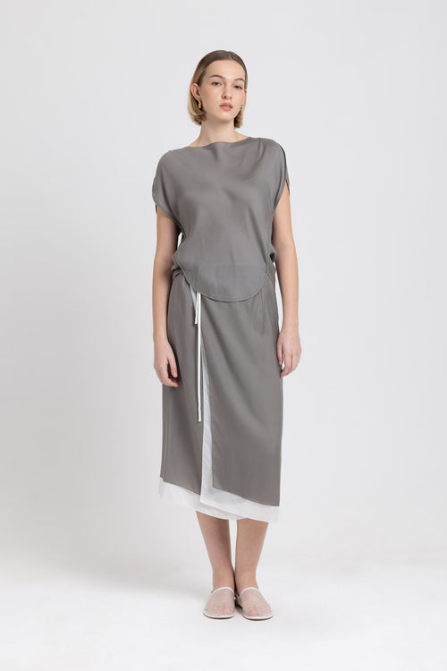 Olive grey light crepe short sleeve blouse