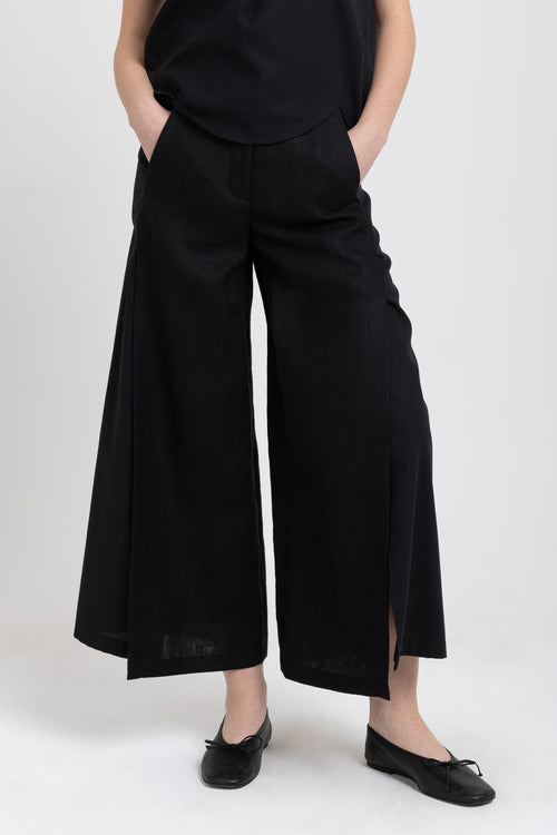 Black linen & cotton ankle length wide pants