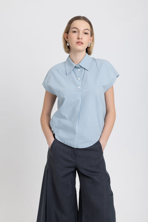 Soft blue crinkle poplin creative blouse