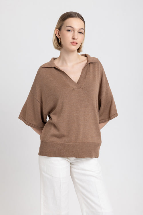 Beige merino silk blend polo neck knit t-shirt