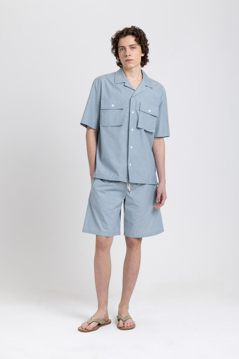Stone blue cotton with knots relaxed shorts