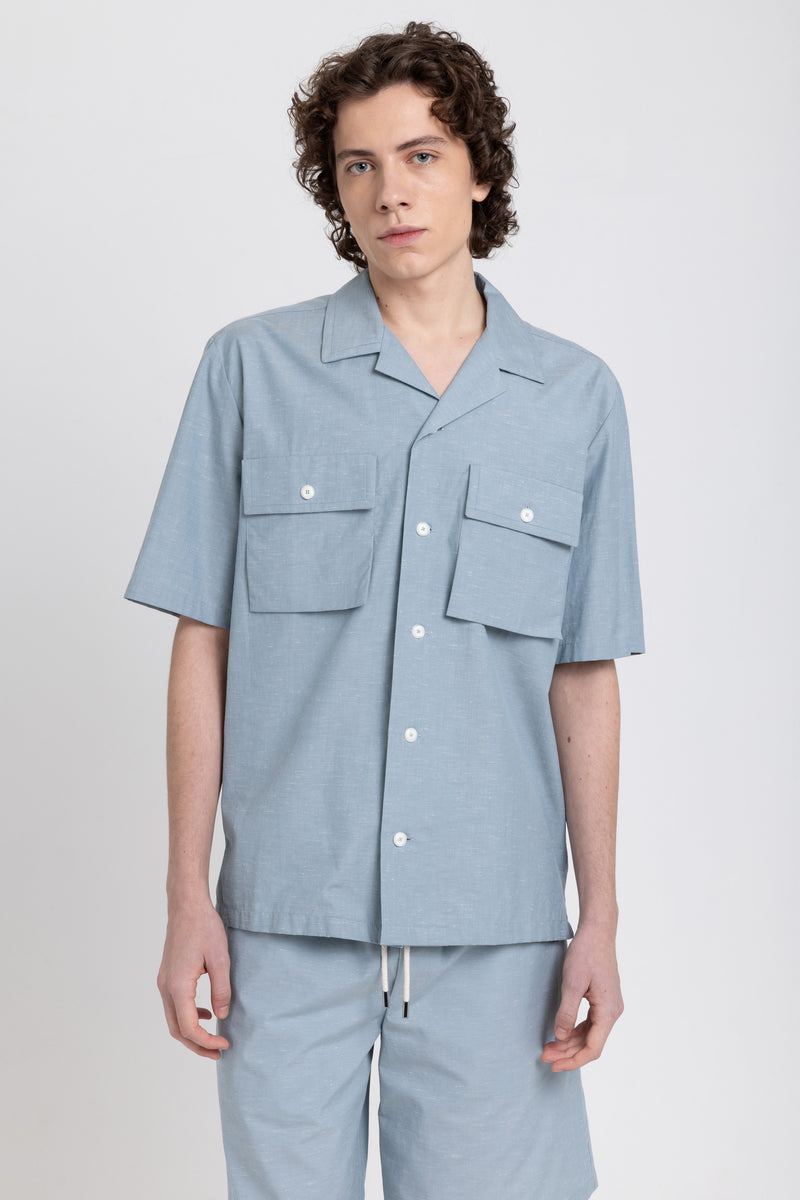 Stone blue cotton with knots short sleeve shirt with pockets