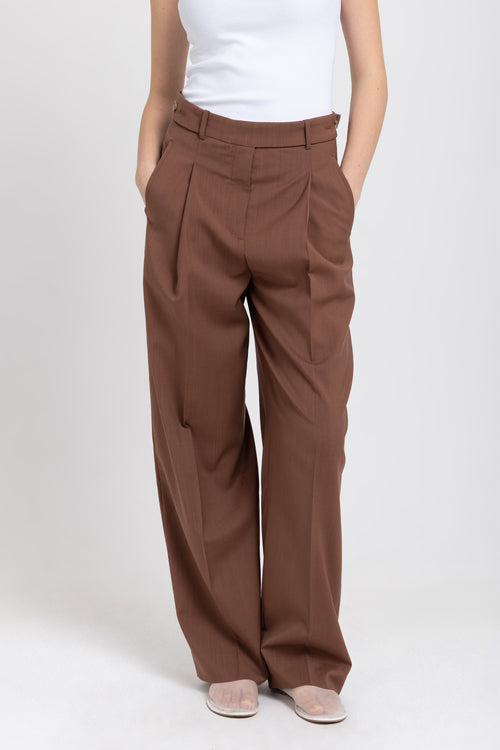 Hazelnut brown fine wool straight leg pants with pleats