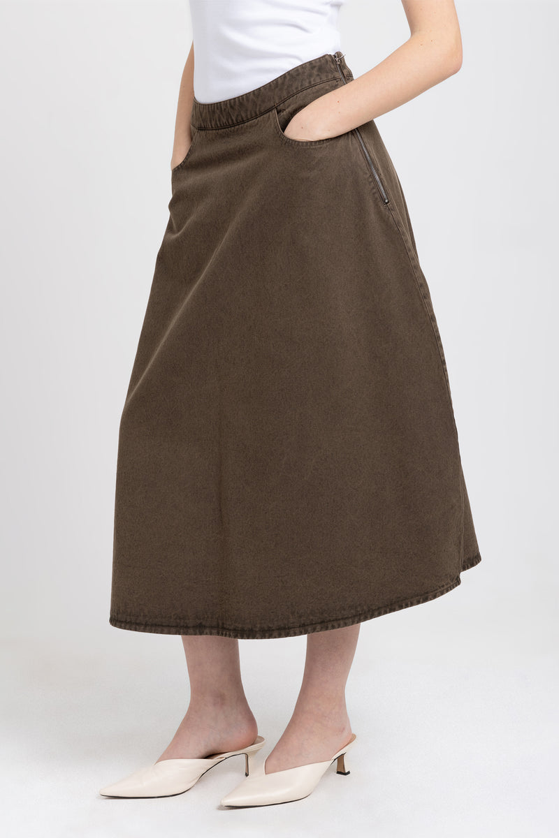 Khaki brown denim shaped skirt