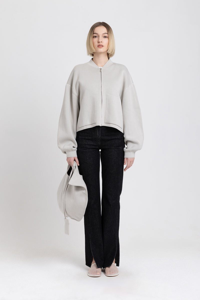 Stone grey & taupe cotton doubleface knitted bomber