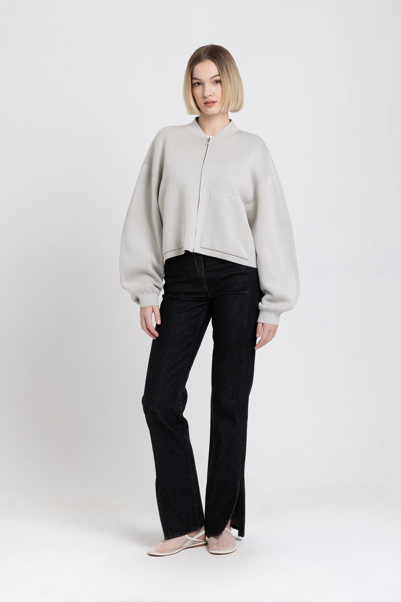 Stone grey & taupe cotton doubleface knitted bomber