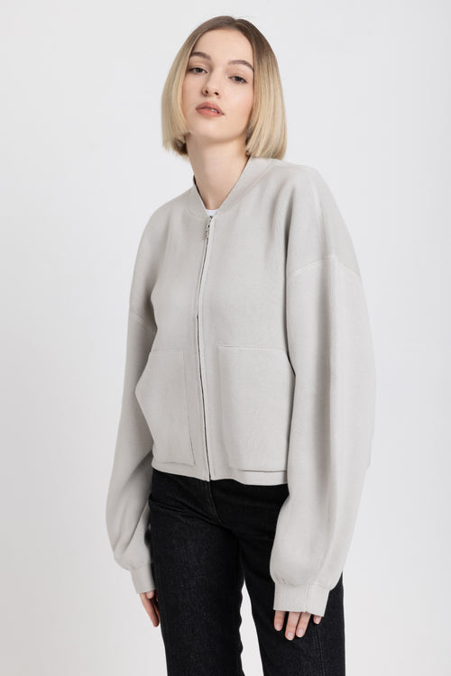 Stone grey & taupe cotton doubleface knitted bomber