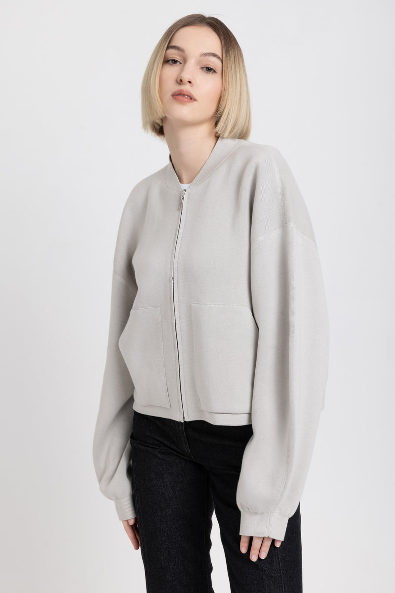 Stone grey & taupe cotton doubleface knitted bomber