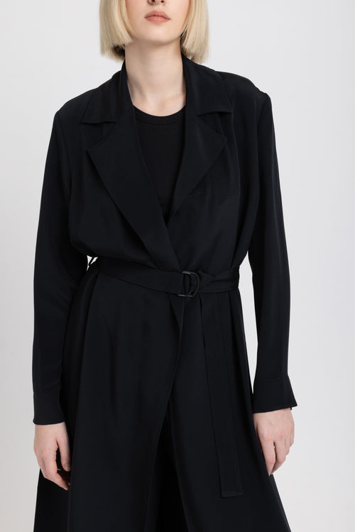 Black heavy silk crepe evening fluid coat