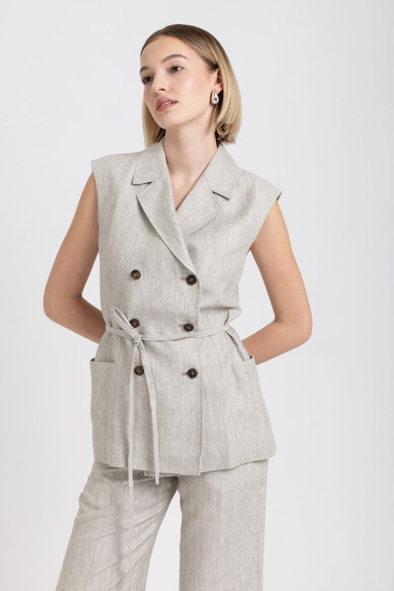 Oatmeal linen herringbone fitted double-breasted vest