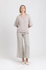 Oatmeal linen herringbone flute shape cropped pants