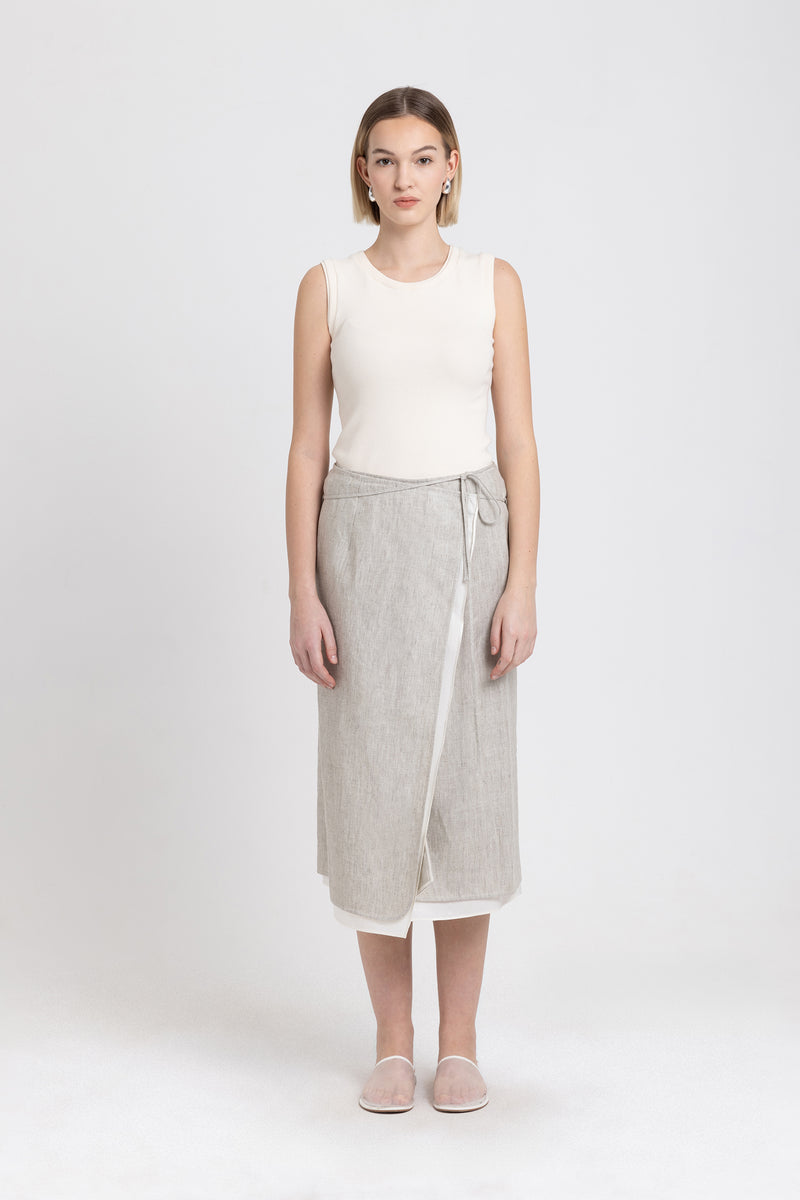 Oatmeal linen herringbone wrap skirt