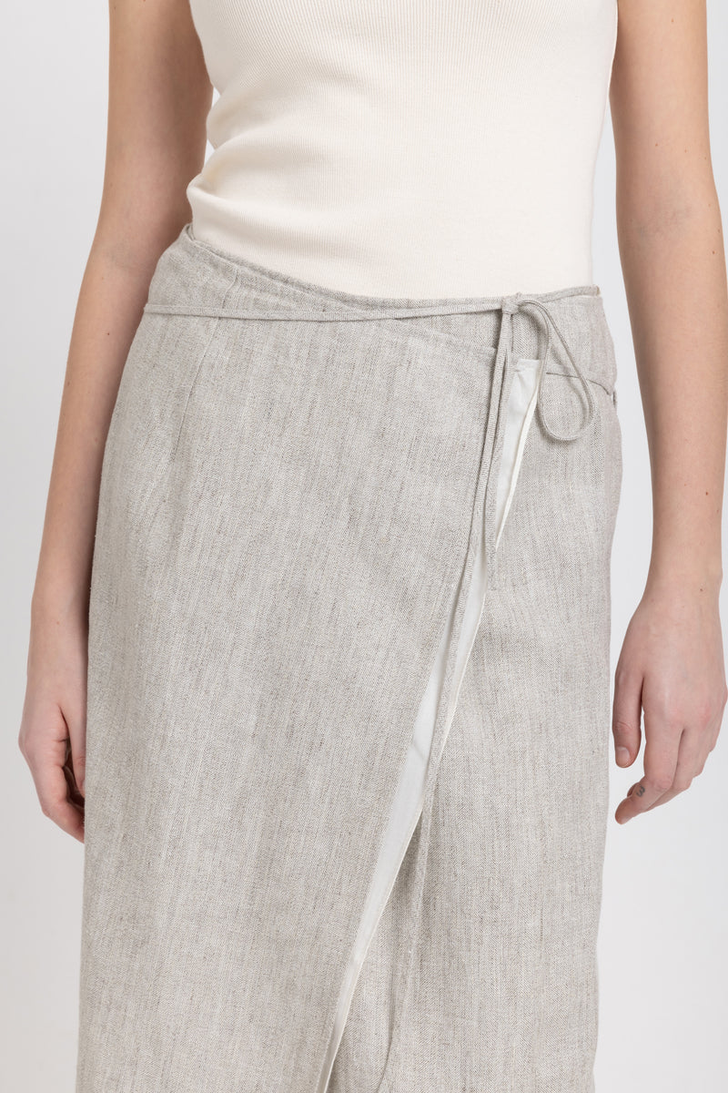 Oatmeal linen herringbone wrap skirt