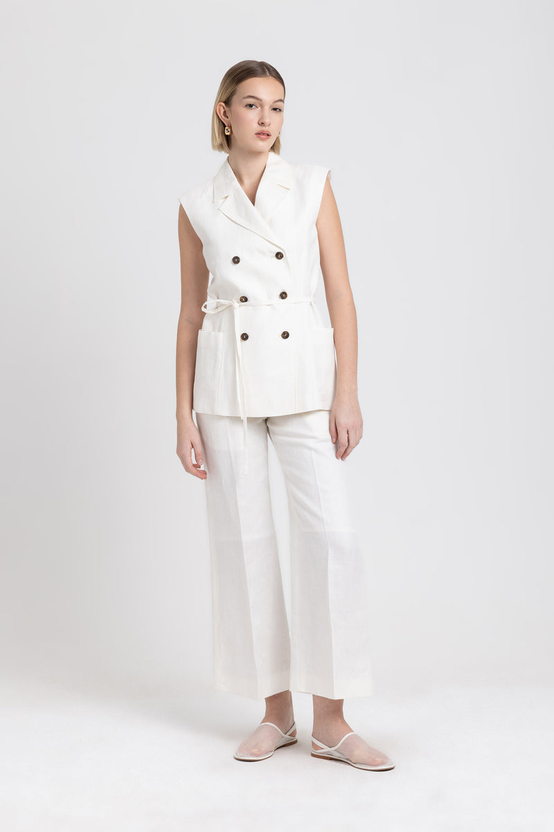 Off white linen herringbone fitted double-breasted vest