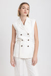 Off white linen herringbone fitted double-breasted vest