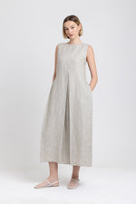 Oatmeal linen herringbone dress with pleats