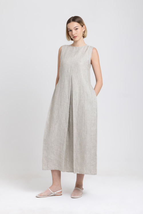 Oatmeal linen herringbone dress with pleats