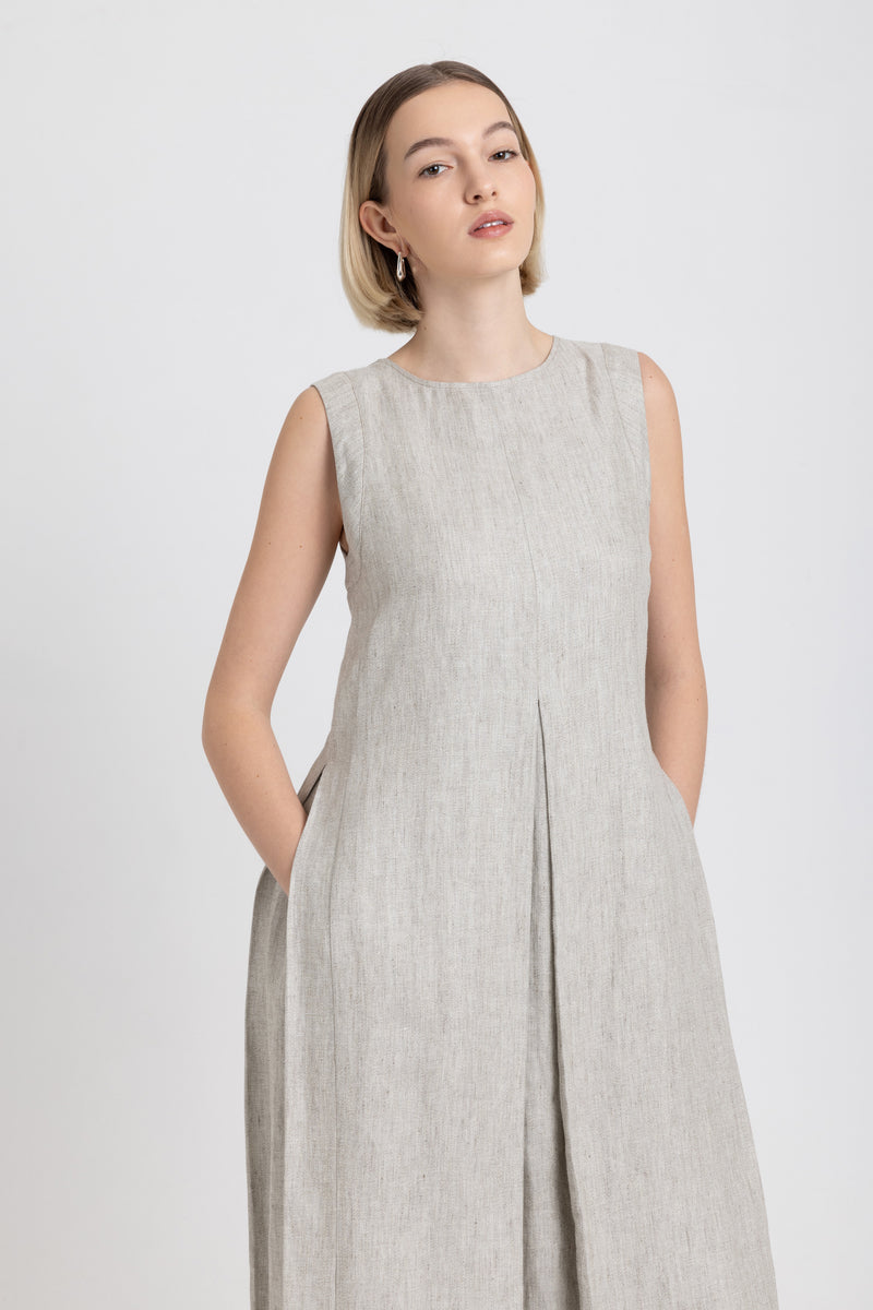 Oatmeal linen herringbone dress with pleats