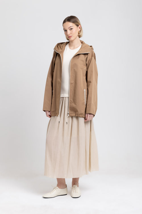 Camel trench cotton blend parka with drawstrings